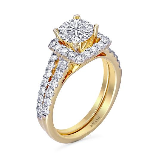 Kallati Eternal Cushion Halo  Diamond Engagement Ring With Matching Band in 14K Yellow Gold