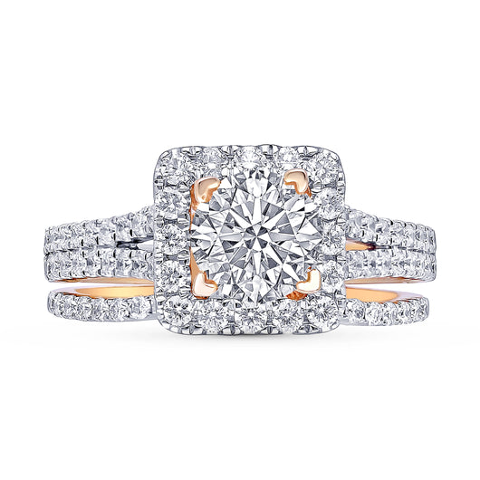 Kallati Eternal Cushion Halo  Diamond Engagement Ring With Matching Band in 14K Rose Gold