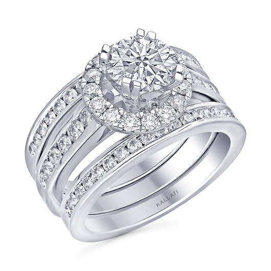 Kallati Eternal Round Halo Diamond Engagement Ring With Matching Band in 14K White Gold