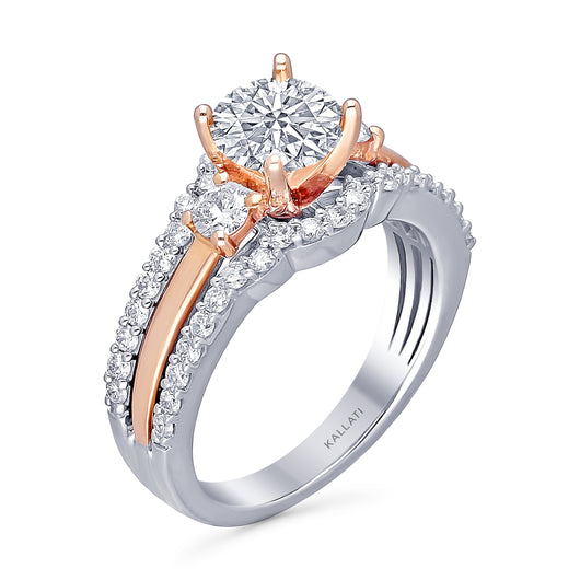 Kallati Eternal Three Stone Diamond Engagement Ring With Matching Band in 14K White and  Rose Gold