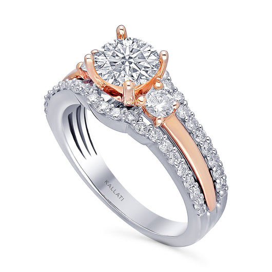 Kallati Eternal Three Stone Diamond Engagement Ring With Matching Band in 14K White and  Rose Gold