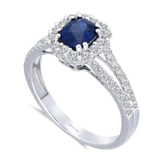 Kallati Heirloom Cushion Halo Split Shank Sapphire & Diamond Engagement Ring in 14K White Gold